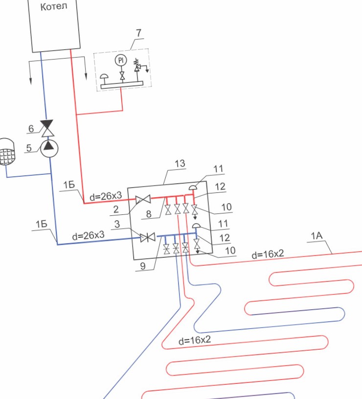 схема прямого подключения теплого пола к котлу отопления