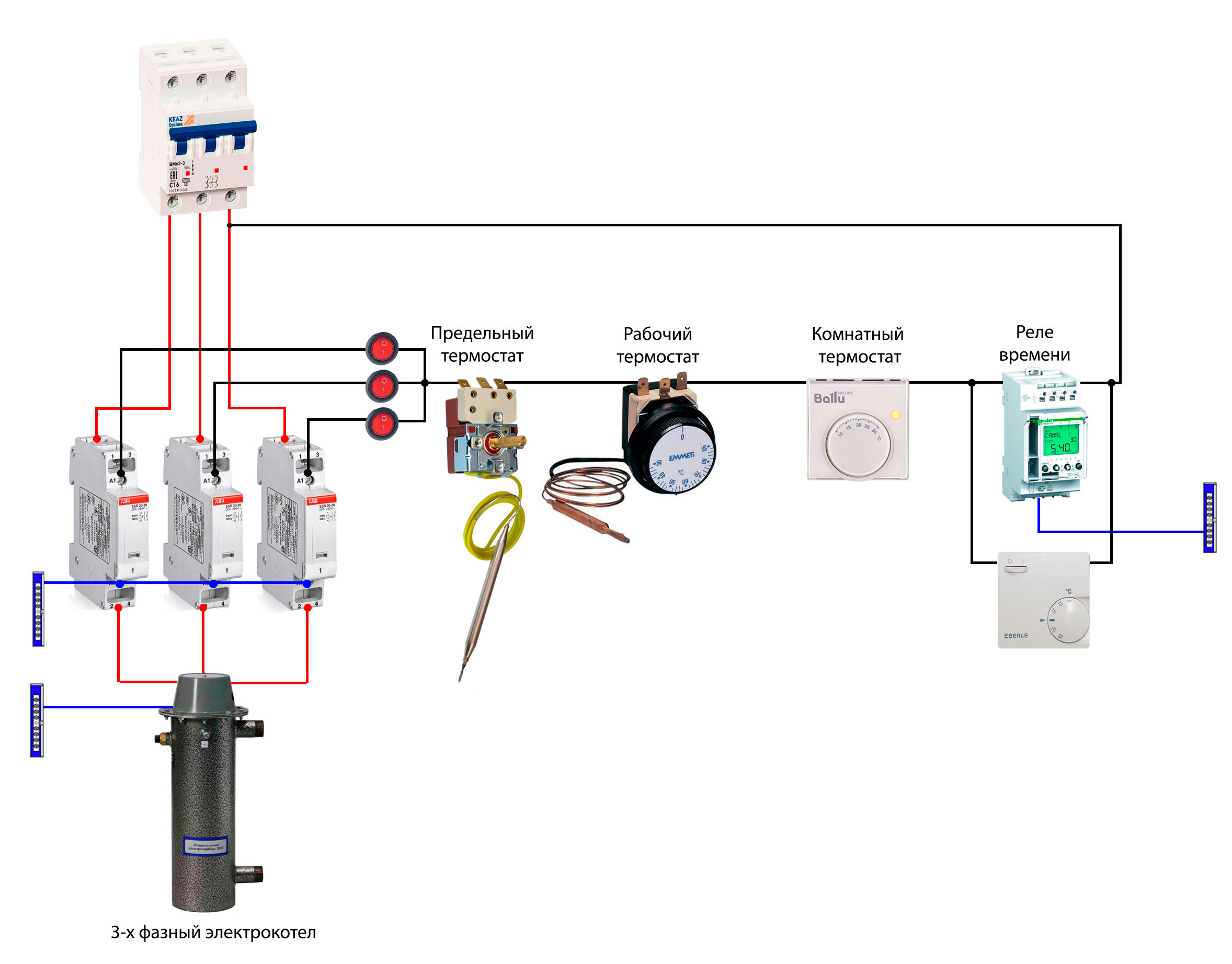 схема электрического отопления с автоматикой и датчиками температуры и времени