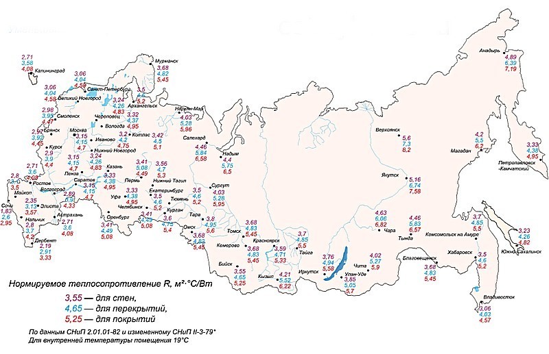 Нормированные значения термического сопротивления для строительных конструкций жилых домов по регионам России